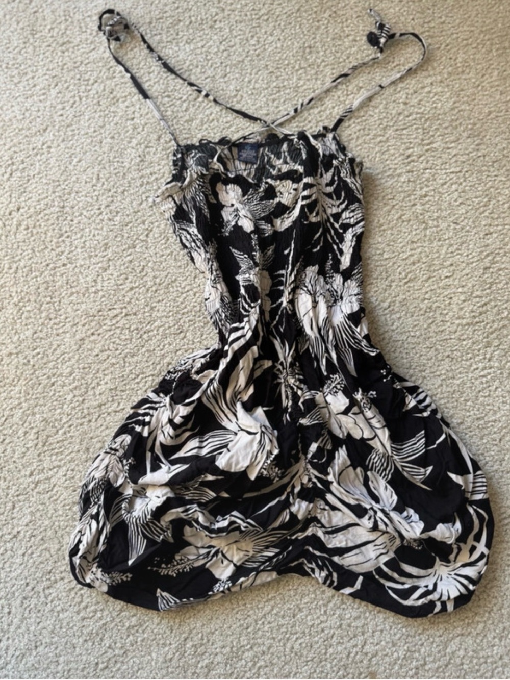 Black & White Floral Smocked Midi Dress with Adjustable Straps